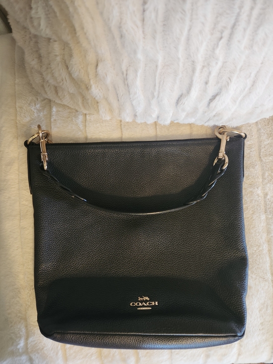 Handbags - Coach Black Pebbled Leather Shoulder Bag with Gold Accents
